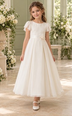 Ivory Flutter Sleeve Floral Sash Ankle-length Chiffon Flower Girl Dress