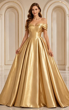 Vestido de gala de lujo Gilded Majesty Gold, largo hasta el suelo, con hombros descubiertos y manga corta, confeccionado en satén metalizado.