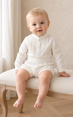 White Pintuck Bib Long Sleeve Peter Collar Christening Romper for Baby Boy
