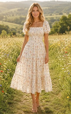 Vestido midi de manga abullonada con cuello cuadrado y estampado floral de pradera