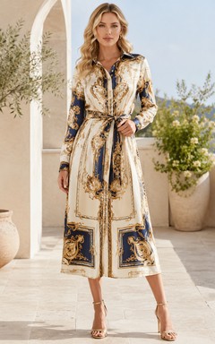 Baroque Satin Long Sleeve Belted Printed Shirt Occasion Dress