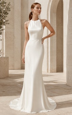 Stretch Satin Wedding Dress Mermaid Halter Sleeveless Sweep Train Open Back Bridal Gown