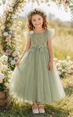 Flower Girl Dress Ivory Lace Tulle A-Line Scoop Neck Tea Length