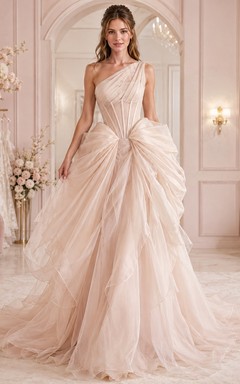 Simple Floor-length Sleeveless Bridal Ceremony Formal One-Shoulder A-line Dress