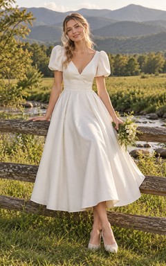 Schlichtes, teelanges A-Linien-Brautkleid aus Baumwollsatin mit V-Ausschnitt, kurzen Ärmeln und Falten