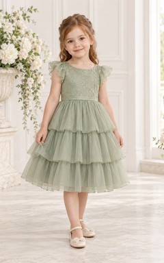 Teelanges, salbeigrünes, geblümtes Sommerkleid in A-Linie mit Tüllspitzenoberteil und flatternden Ärmeln für Blumenmädchen