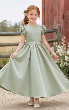 Salbeigrünes Satin-Kleid mit Puffärmeln, knöchellang, A-Linie, rustikalem Landhaus-Hochzeitskleid für Blumenmädchen mit Schleife