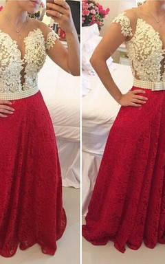 Sexy A-line Lace Appliques Prom Dress Pearls Cap Sleeve