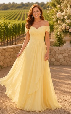 Narzissenfarbenes schulterfreies Chiffon-A-Linien-Kleid für Mütter