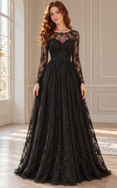 Robe de soirée longue en dentelle florale noire à manches longues et coupe trapèze