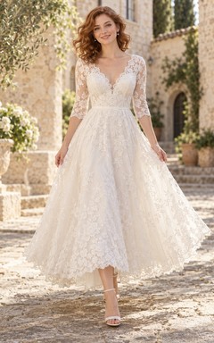 Tea-length V-neck Three-Quarter Sleeve Floral Lace A-line Bridal Wedding Dress