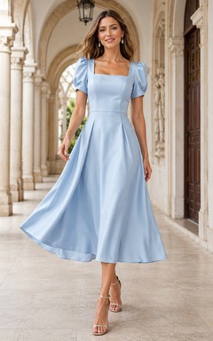 Sky Blue Square Neck Puff Sleeve Pleated Satin A-Line Tea Length Christening Mother Dress
