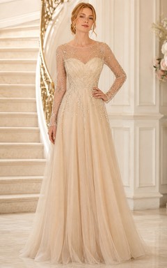 Vestido de noche de lujo largo hasta el suelo, color champán, con escote joya, mangas ilusión y falda en línea A.