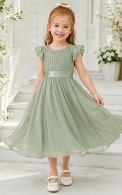 Robe bohème mi-longue trapèze en mousseline de soie sauge plissée à volants et col rond, style demoiselle d'honneur
