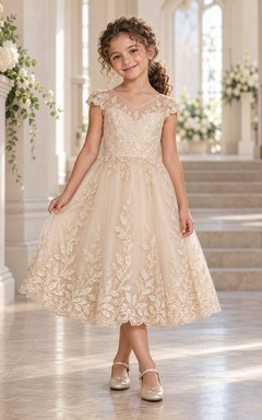 Tea-length Champagne Floral A-line Tulle Cap-sleeve V-neck Scalloped Flower Girl Dress
