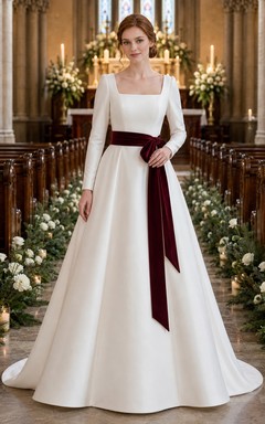 Winter Church Square Neck Velvet Sash A-Line Wedding Dress