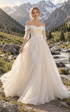 Simple Off Shoulder Organza Three Quarter Sleeve Wedding Dress
