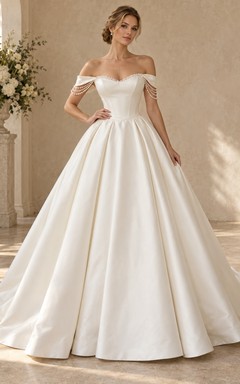 Off Shoulder Sweetheart Pearl Draped Satin Pleated Full Skirt Romantic Wedding Dress