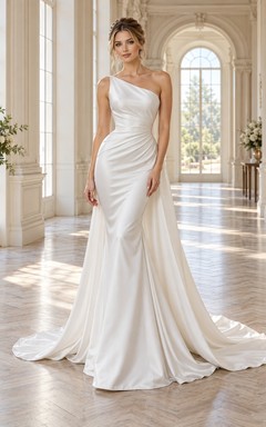 One Shoulder Ruched Satin Narrow Mermaid Flowing Train Bridal Reception Gown