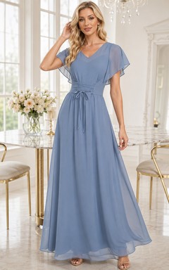 Dusty blue V-neck flutter sleeve chiffon A-line bridesmaid dress