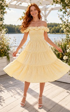 Summer Daffodil Gingham Guinguette A Line Tea Length Off Shoulder Tiered Dress