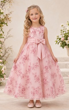 Robe de demoiselle d'honneur en organza à fleurs rose poudré, col rond, sans manches, double nœud, longueur cheville, coupe trapèze, sans manches, à col rond et nœud papillon.