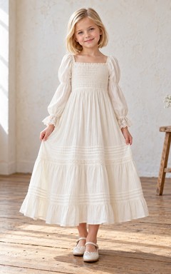 Renaissance Weißes Blumenmädchenkleid mit eckigem Ausschnitt, langen Ärmeln und Raffungen