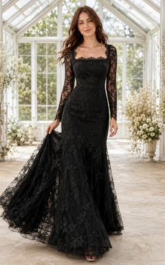 Robe de mariée sirène noire gothique à col festonné et manches longues en dentelle festonnée, longueur au sol