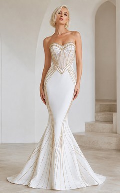 Robe de mariée sirène Art Déco longue sans bretelles en satin de luxe