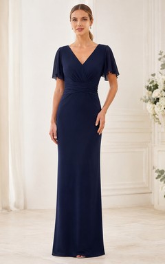 Ink Navy V-Neck Short Sleeve Jersey Sheath Maid Of Honor Dress