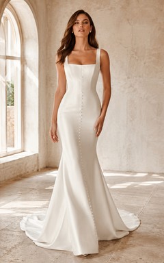 Vestido de novia moderno de satén sin mangas con escote cuadrado y cola de capilla