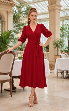 Red V Neck Puff Sleeve A Line Midi Guest Dress