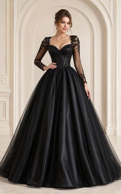 Lujoso vestido de noche largo hasta el suelo, negro, con escote corazón, encaje, satén y mangas largas.