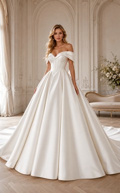 Vestido de novia de satén, vestido de gala sin tirantes con cola de capilla.