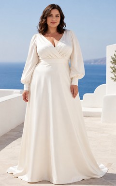 Simple Elegant V-Neck Long-Sleeve Jersey-Chiffon Draped A-Line Floor-Length Wedding Dress