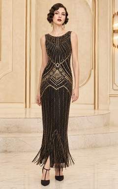 Braunes, luxuriöses, ärmelloses Pailletten-Etui-Abendkleid im Vintage-Stil mit Rundhalsausschnitt und Teelänge
