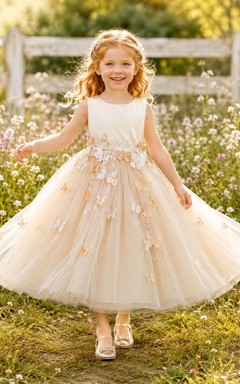 Champagne Flower Girl Dress with Jewel Neck Satin Bodice, Butterfly Applique Waist and Tea-Length Tulle Ball Gown Skirt