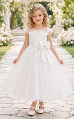 Flower Girl Dress Ivory Lace Tulle A-Line Short Sleeve Scoop Neck Tea Length Bow Back