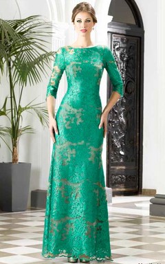 Sheath Floor-Length Bateau 3 4 Length Sleeve Lace Appliques Low-V Back Dress