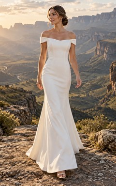 Vestido de novia sencillo de satén con hombros descubiertos y corte sirena, corpiño liso y cintura natural.
