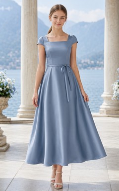 Stahlblaues Brautjungfernkleid für junge Mädchen, A-Linie, eckig, kurze Ärmel, elegant, aus Satin