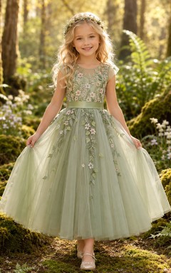 Sage Bohemian A-Line Tulle Flower Girl Dress Cap Sleeve Jewel Neck Tea-Length Embroidered Flowers