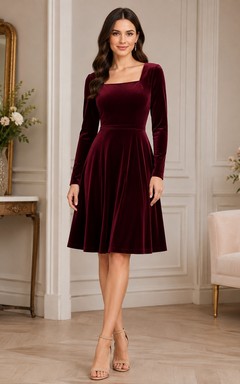 Burgundy High Neck Long Sleeve Velvet Tea-Length A-Line Dress