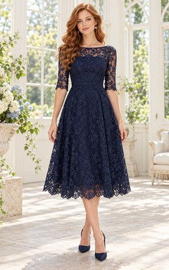 Tea-length Navy Bateau Half Sleeve Floral Lace Wedding Guest Dress