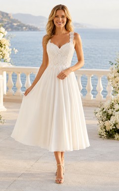 Robe de mariée romantique vintage, coupe trapèze, longueur thé, bretelles festonnées, sans manches, en dentelle, pour renouvellement de vœux