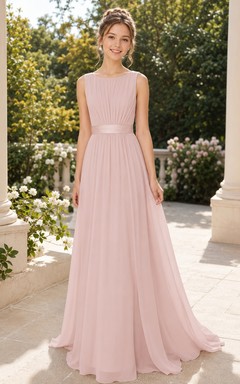 Vestido de dama de honor juvenil rosa ruborizado, corte en A, sin mangas, de gasa, romántico.