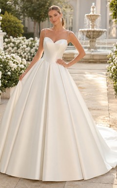 Classic Satin Strapless Ball Gown Chapel Train Natural Waist Wedding Dress