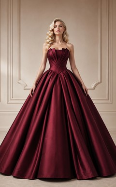 Burgundy Modern Strapless Notched Pleated Mikado Satin Quinceanera Princess Chapel Train Ball Gown