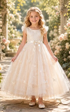 Vestido de niña de las flores, color marfil, encaje, tul, corte en A, cuello joya, largo hasta la rodilla.