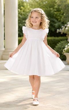Weißes A-Linien-Kleid aus Satin für Blumenmädchen mit kurzen Ärmeln, Rundhalsausschnitt und knielangem Rock